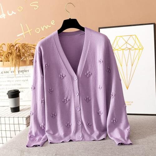 Korean Loose Gentle Spring And Autumn Knit Sweater Womens Cardigan Short Coat Floral V-Neck Long Sleeve Jacquard Jacket M205
