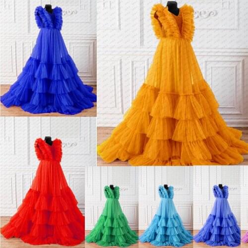 LO&LI See Thru Tulle Prom Gown Dresses Ruffles Tiered Maternity Dress Robe Photo Shoot Puff Full Sleeves Women Long Robes