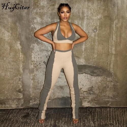 Hugcitar 2021 Sleeveless V-Neck Stretchy Crop Top Leggings 2 Pieces Summer Women Sets Streetwear Casual Tracksuit