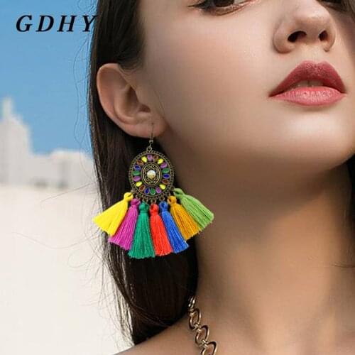 GDHY Colorful Tassel Earrings Sun flower Long Tassel Drop Earrings Bohemian For Women Earrings Ethnic Beach Summer Charm Jewelry