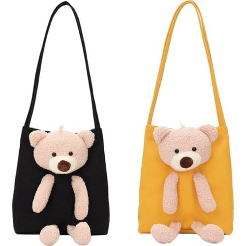 2 Pcs Fashion Cute Bear WomenS Canvas Shoulder Bag Handbag Casual Cartoon Daily Travel Bag Black & Yellow