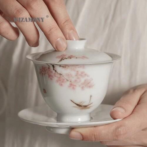 Moji Jingdezhen Hand-Painted Japanese-Style Three-Force Cover Bowl Kung Fu Tea Set Tea Bowl Handmade Ceramic Tea Cup
