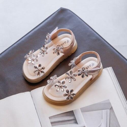 Princess Girls Sandals Summer ChildrenS Beach Shoes Fashion Rhinestone Flowers Sandals 2021 Little Girl Kids Sandels 3-12 Year