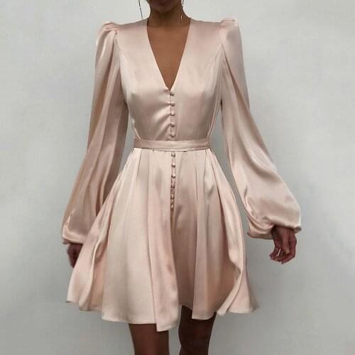 2021 spring satin D V-neck temperament slim dress female European and American new design lantern sleeve skirt