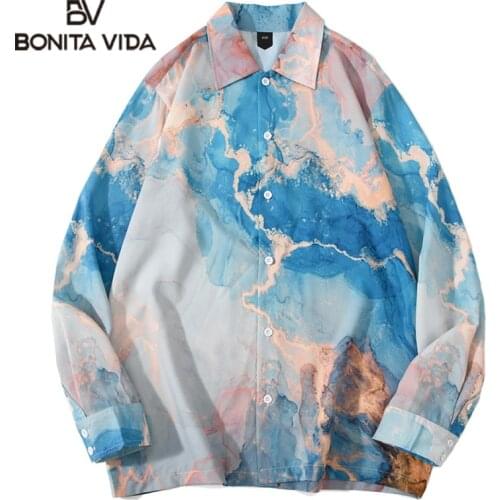 Bonita Vida Tie Dye Painting Print Beach Hawaiian Long Sleeve Button Shirts Hip Hop Harajuku Casual Holiday Party Blouse Tops