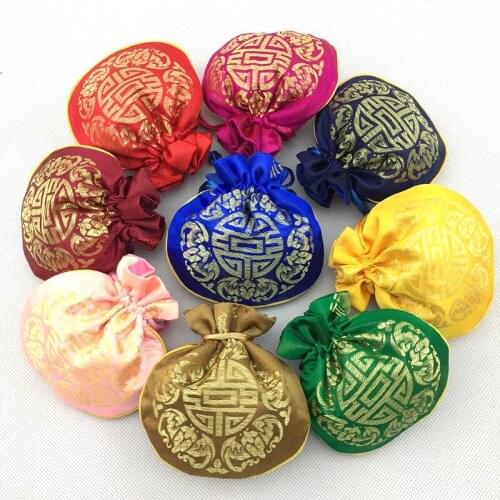 4x4 inch Lucky Small Wedding Party Favor Bags Drawstring Candy Christmas Pouches Chinese Silk Satin Jewelry Gift Packaging