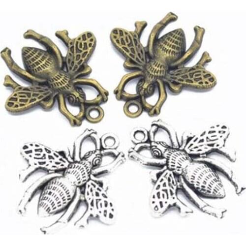 Hot 30pcs 26x25mm Zinc Alloy Bee Charms Pendant Antique Silver Plated Charm Jewelry Findings Accessories For DIY