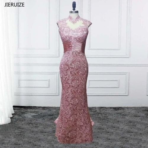 JIERUIZE Pink Lace Mermaid Evening Dresses Long High Neck Cap Sleeves Mother of the Bride Dresses Formal Evening Gown