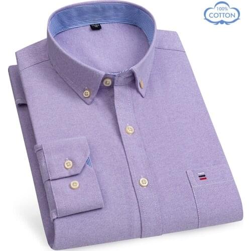 100% Cotton Oxford Purple Shirt Mens Long Sleeve Pocket Soft Comfortable Regular Fit Business Casual Purple Dress Shirts Men