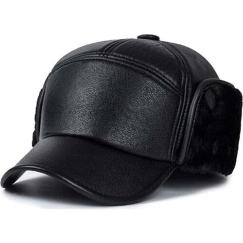 XEONGKVI New PU Faux leather Add Plush Bomber Hats Winter Ear Protection Baseball Cap For Old Man Peaked Cap Casquette