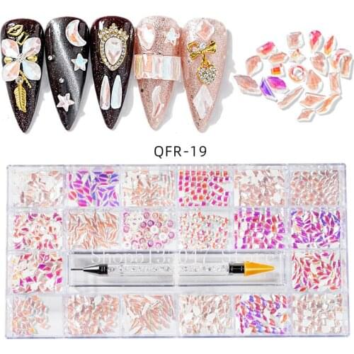 Swarovsky Boxed 21 Grids Nail Rhinestones & 1pc Dotting Pen Flatback Crystal Multi Shape Nail Art Decoration Glass Stones