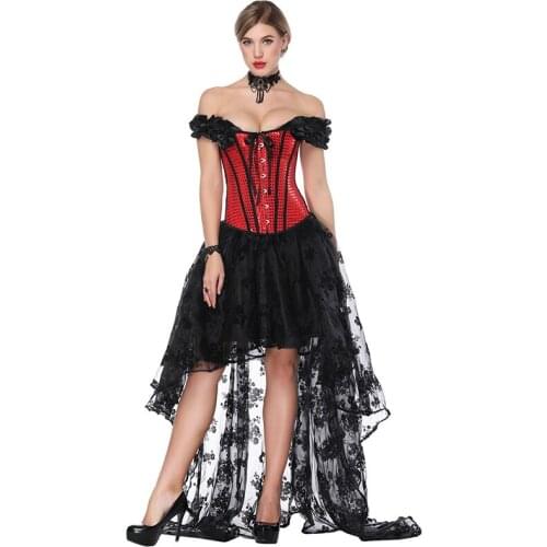 Vintage Red Sequined Off Sholder Overbust Corset Lace Gothic Skirt Set Burlesque Women Costume Steampunk Clothing