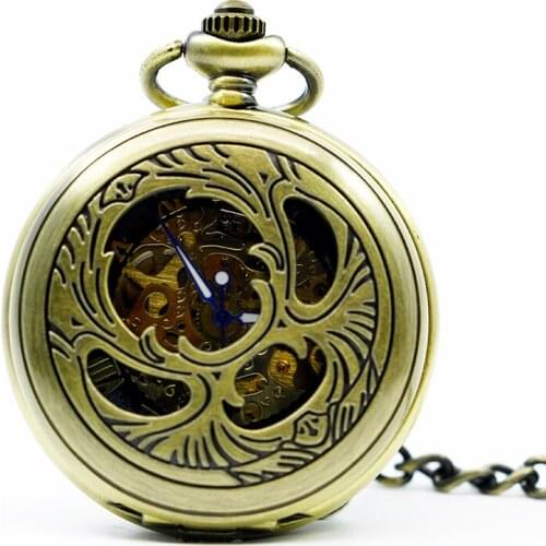Vintage Mascot Phoenix Bronze Skeleton Roman Numberal Mechanical Pocket Watch Pendant Men Women Gift with Chain PJX1256