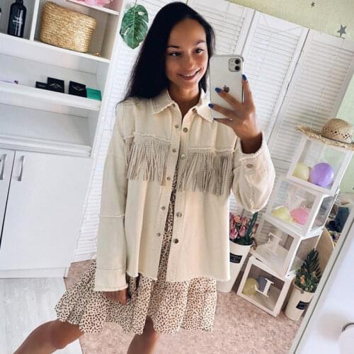 Women Fashion Tassel Beaded Oversized Denim Jacket Coat Women Vintage Long Sleeve Frayed Hem Female Outerwear Tops