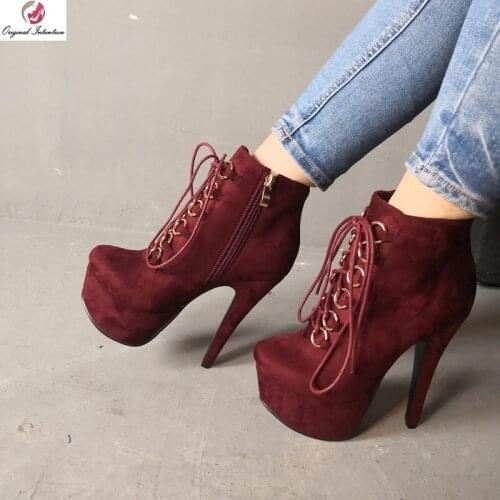 Original Intention Ankle Boots Sexy Platform Thin High Heel Women Boots Wine Red Round Toe Shoes Woman Plus Size 4-20