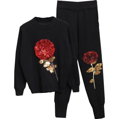 2020 Spring New Women Set Fashion Sequins Flower Long Sleeve Loose Knitted Sweater + Casual Pants 2 Piece Set Women Clothes H547