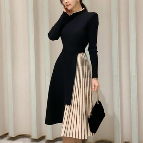 New Autumn Winter Women Fashion Stitching Stripe Pleated Sweater Dress Elegant Long Sleeve OL Midi Knitted Runway Vestidos Robe
