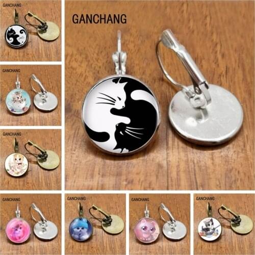 Heat! Vintage Two Yin Yang Cat Earrings Cabochon Glass Earrings Handmade Jewelry Earrings for Fashion Women