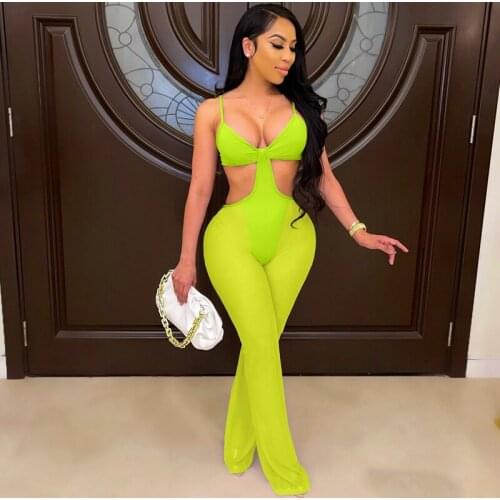 Beach Sheer Mesh Bodycon Jumpsuit Women Summer Cut Out Sexy Rompers Womens Jumpsuit Clubwear Transparent Bandage Black Jumpsuit