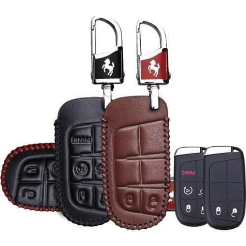 KUKAKEY Leather Car Key Case Fob Cover For Dodge Journey Charger Dakota Challenger Protected Bag With Horse Keychain Keyring