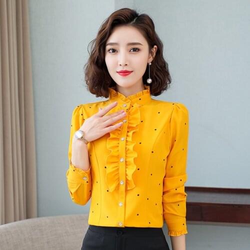 Oversize Women Sweet Office Business Ruffles White Blouse Stand Collar Print Shirt Femininas Chic Blusas Work Formal Lady Tops