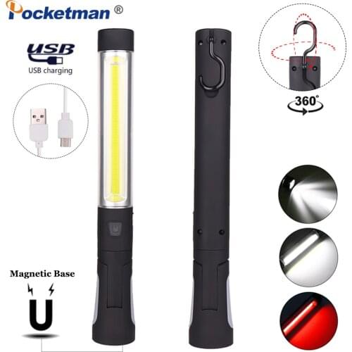 COB Portable Work Light LED Flashlight USB Rechargeable Worklight Magnetic Torch Flexible Inspection Lamp with a Hook