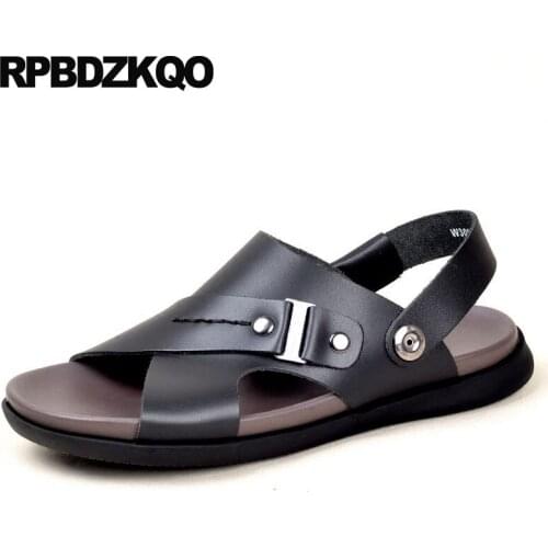 Slip on fashion large size slippers black slides strap waterproof men sandals leather summer outdoor shoes metal water 45 casual