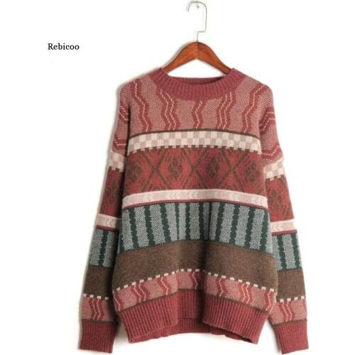 Women Winter Sweater and Pullovers Oneck Striped Vintage Knitwear Long Sleeve Oversized Pull Jumpers Winter Outwear Sweater