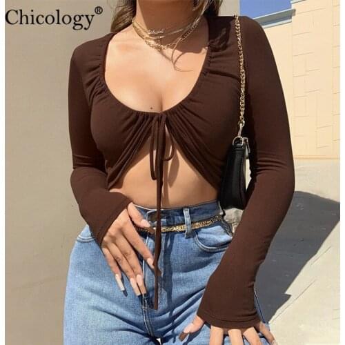Chicology Fur Winter Fall Lace Up T-Shirt Long Sleeve Crop Top T Shirt Women Sexy Party Club Clothes Streetwear Solid Soft Tee