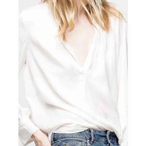 Women Blouse V-Neck Long Sleeve Simple Loose and Causal Top and Shirt Spring Summer 2021 Ol Office Ladies Solid Color Shirts