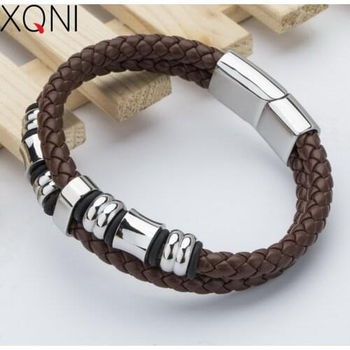 New Fashion Brand Cuff Brown Leather Bracelets For Women Casual Vintage Handmade Charm Female Stainless Steel Bracelets Bangles