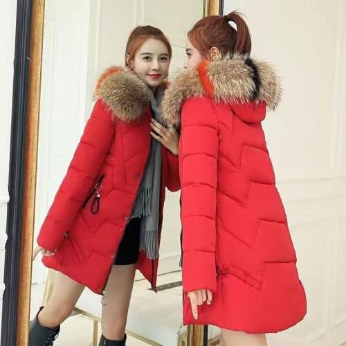 Womens Down Parkas Winter Jacket Big Fur Collar Thick Slim Coat Fashion Hooded Cotton Outerwear Long Winter Woman Coat