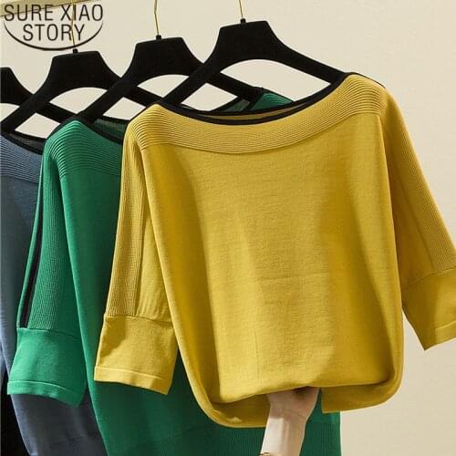 Women Tops Knitted Solid Tshirt Ice Silk Pullover Summer Fashion Short Sleeve Womens Clothing New Clothes Loose Thin Tops 14425
