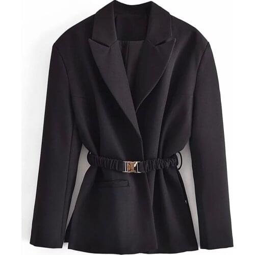 2021 Women Elegant Black Long Sleeve Slim Suit Female Vintage Office Lady Belt Split Jacket Casual Streetwear Fashion Chic Tops