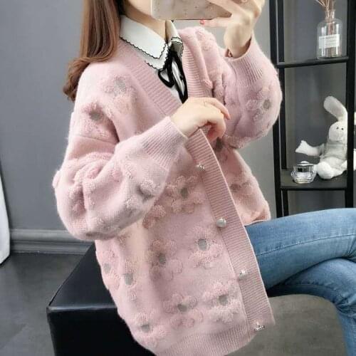 Women Autumn Vintage Print Knitted Sweater Female Long Sleeve Loose Coat Ladies Fashion Single Breasted Loose Cardigans H363
