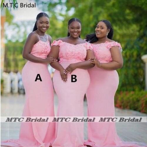 Lovely Pink Long Mermaid 2021 Bridesmaid Dresses With Appliques Off The Shoulder Corset Plus Size Black Women Maid Of Honor Gown