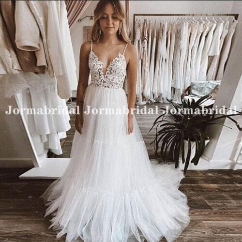 Beaded Spaghetti Straps Boho Wedding Dress Lace Top Splicing Tulle Skirt Backless Beach robe de mariée Long Dress For Women