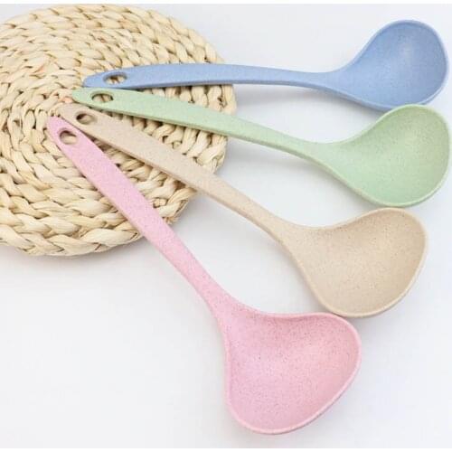 1pcs Wheat Straw Rice Ladle Long Handle Soup Spoon Meal Dinner Tableware Scoops Kitchen Supplies Cooking Tool 4 Colors