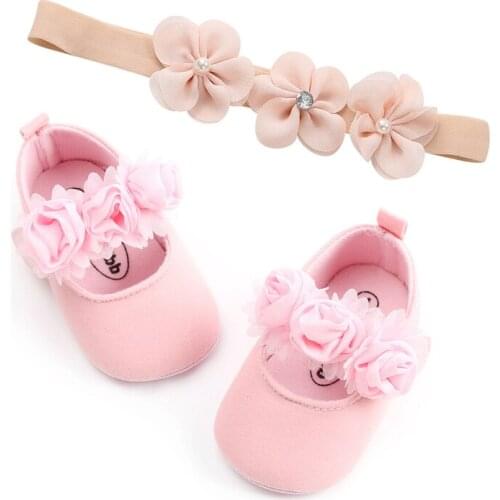 2021 New Baby First Walkers Toddler Baby Girls Shoes Baby Bow-knot Soft Sole Shoes Newborn Solid Flower Shoes Headband 2 Piece