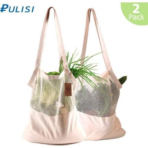 2 Pack Reusable Produce Bags with Grocery Totes - Heavy Duty Cotton Mesh Hand Bag - Eco-Friendly Folding Shopping Bags