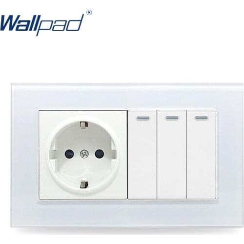 3 Gang Button Switch and EU Socket Wallpad Crystal Glass Panel 146*86mm EU Wall Power Socket with 3 Gang 2 Way Wall Switches
