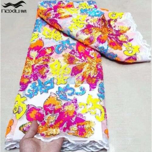 Madison African Lace Fabric 5 Yards 2021 High Quality Sequins Lace Embroidery For Nigerian Wedding Asoebi Dress Sewing