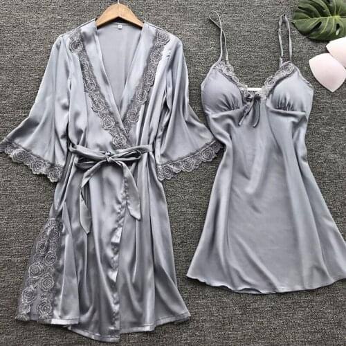 Satin Women Robe Gown Sets Sexy Lace Sleep Lounge Pijama Long Sleeve Ladies Nightwear Bathrobe Night Dress With Chest Pads 986