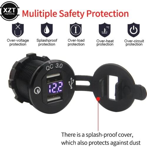 Dual USB QC 3.0 Car Charger Aluminum Socket Power Outlet Charger With Digital Voltage Display For 12V/24V Car Motorcycle