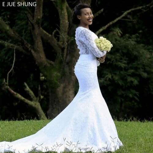 E JUE SHUNG White Lace Mermaid Wedding Dresses Long Sleeves Simple Bridal Dresses Sheer Back Cheap Wedding Gowns