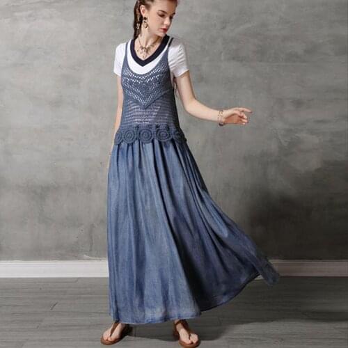 Free Shipping 2020 New Fashion Summer Lace And Denim Sleeveless Dresses For Women Long Maxi V-neck Vintage Spaghetti Strap Dress