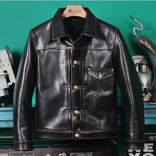 Free shipping.Wholesales.quality thick and hard horseskin jacket.black horse leather clothes.Classic casual leather coat