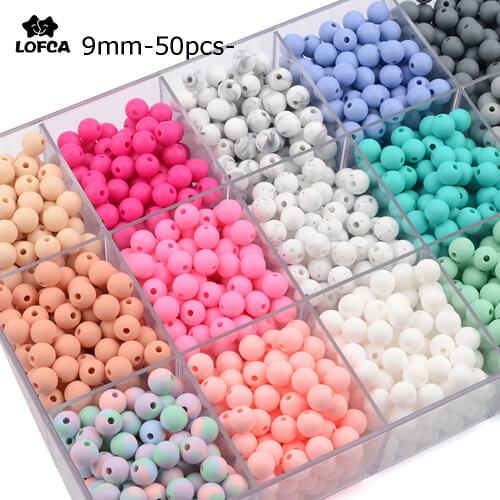 LOFCA 50pcs/lot 9mm Silicone Beads Loose Teether Beads BPA Free Food Grade Baby Teether Chew DIY Jewelry Necklace Making