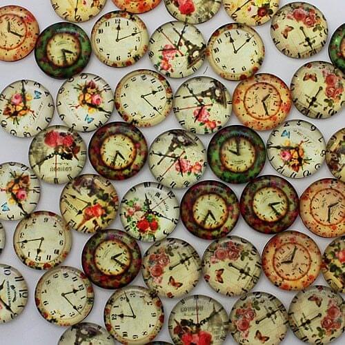 10mm 12mm 14mm 16mm Random Mixed Clock Watches Round Pattern Glass Cabochon Dome Jewelry Finding Cameo Pendant Settings K03045