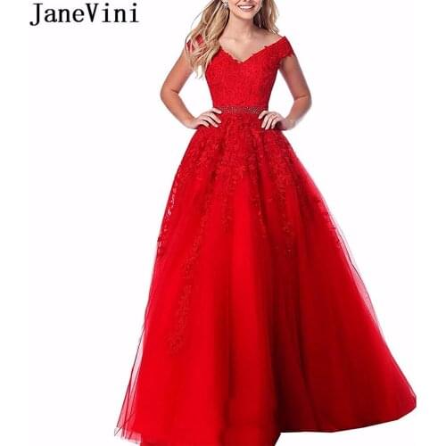 JaneVini Elegant Red Prom Dress Long V Neck Lace Appliques Beaded A Line Floor Length Tulle Dresses Prom 2019 Vestidos Largos